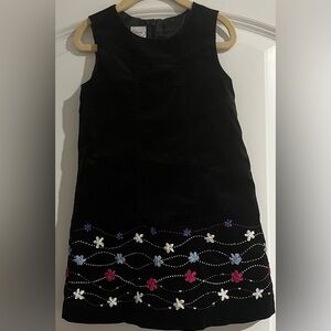 Talbots Kids Black Velvet Jumper Dress Embroidered Flowers Lined Stretch Sz 4